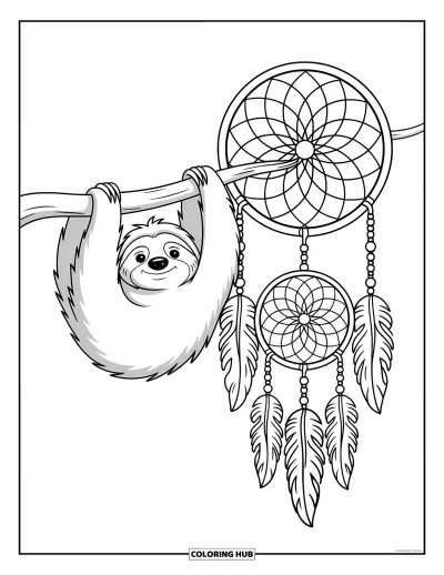 Coloriage de paresseux pour enfants : Un paresseux doux est suspendu à une branche, avec un attrape-rêves aux motifs fins en dessous