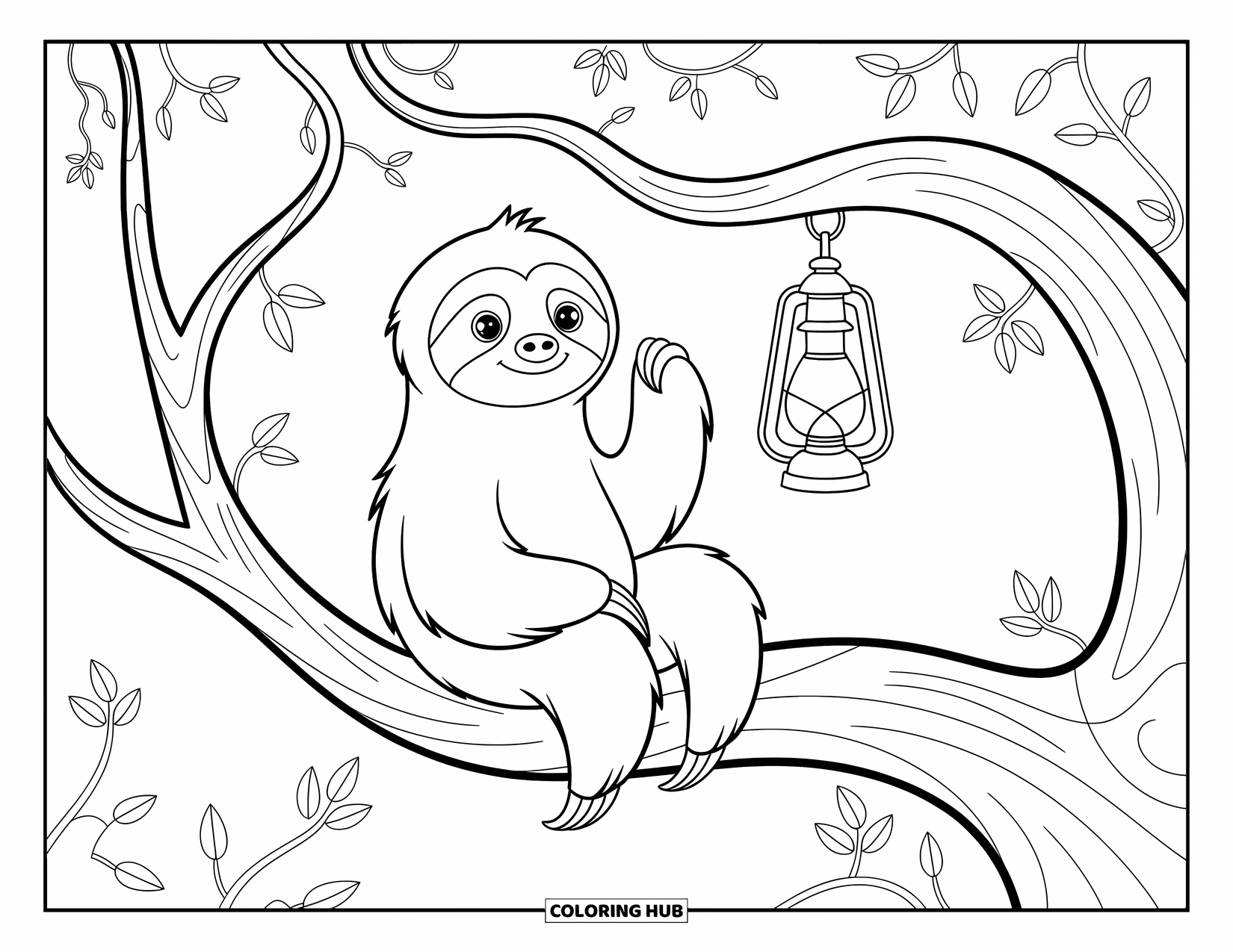 Desenho de Bicho-Preguiça para Crianças: Uma bicho-preguiça gentil com uma lanterna descansa em um galho cercada por vinhas rodopiantes