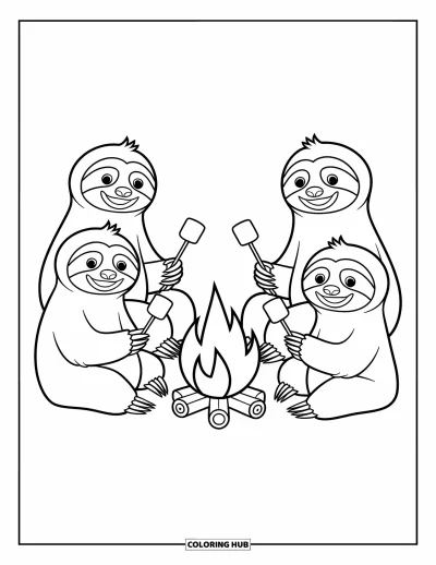 Coloriage de paresseux pour enfants : Un groupe de paresseux est assis près d’un feu de camp chaleureux, chacun tenant des guimauves avec des visages ravis