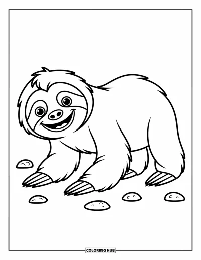 Coloriage de paresseux pour enfants : Un paresseux heureux rampe en avant avec des rochers ludiques éparpillés autour