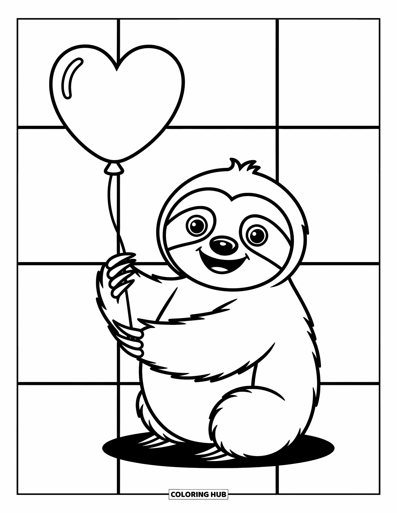 Desenho de Bicho-Preguiça para Crianças: Uma bicho-preguiça feliz abraça um balão de coração com olhos arregalados e brincalhões