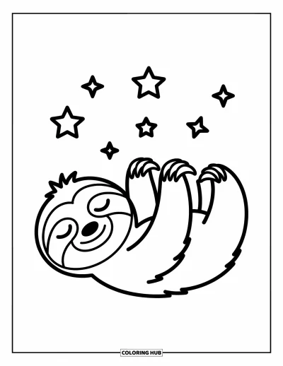 Coloriage de paresseux pour enfants : Un paresseux heureux est allongé sur le dos pendant que des étoiles scintillent au-dessus