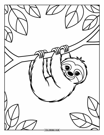Coloriage de paresseux pour enfants : Un paresseux heureux est assis en tenant une grande feuille avec des formes ludiques autour