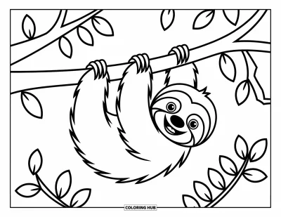 Coloriage de paresseux pour enfants : Un paresseux heureux se balance à l’envers avec des feuilles autour