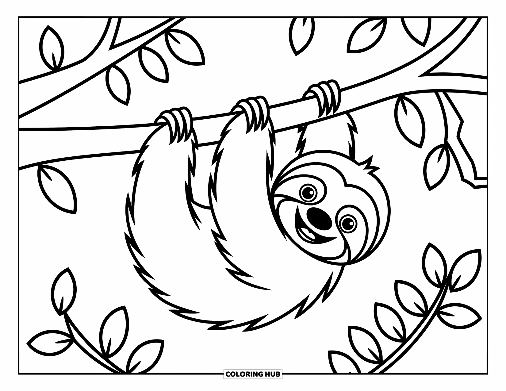 Desenho de Bicho-Preguiça para Crianças: Uma bicho-preguiça feliz balança de cabeça para baixo com folhas ao redor