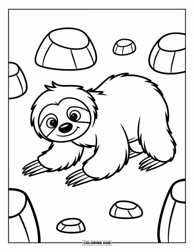 Coloriage de paresseux pour enfants : Un paresseux plein de joie rampe lentement, en souriant, avec de petits rochers autour de lui