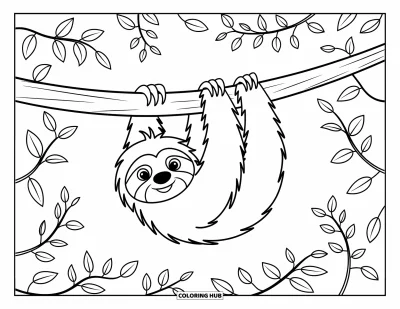 Coloriage de paresseux pour enfants : Un paresseux plein de joie est suspendu à une branche avec des feuilles enroulées à proximité