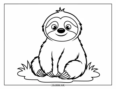 Coloriage de paresseux pour enfants : Un paresseux plein de joie se repose dans l’herbe avec de grands yeux et un sourire