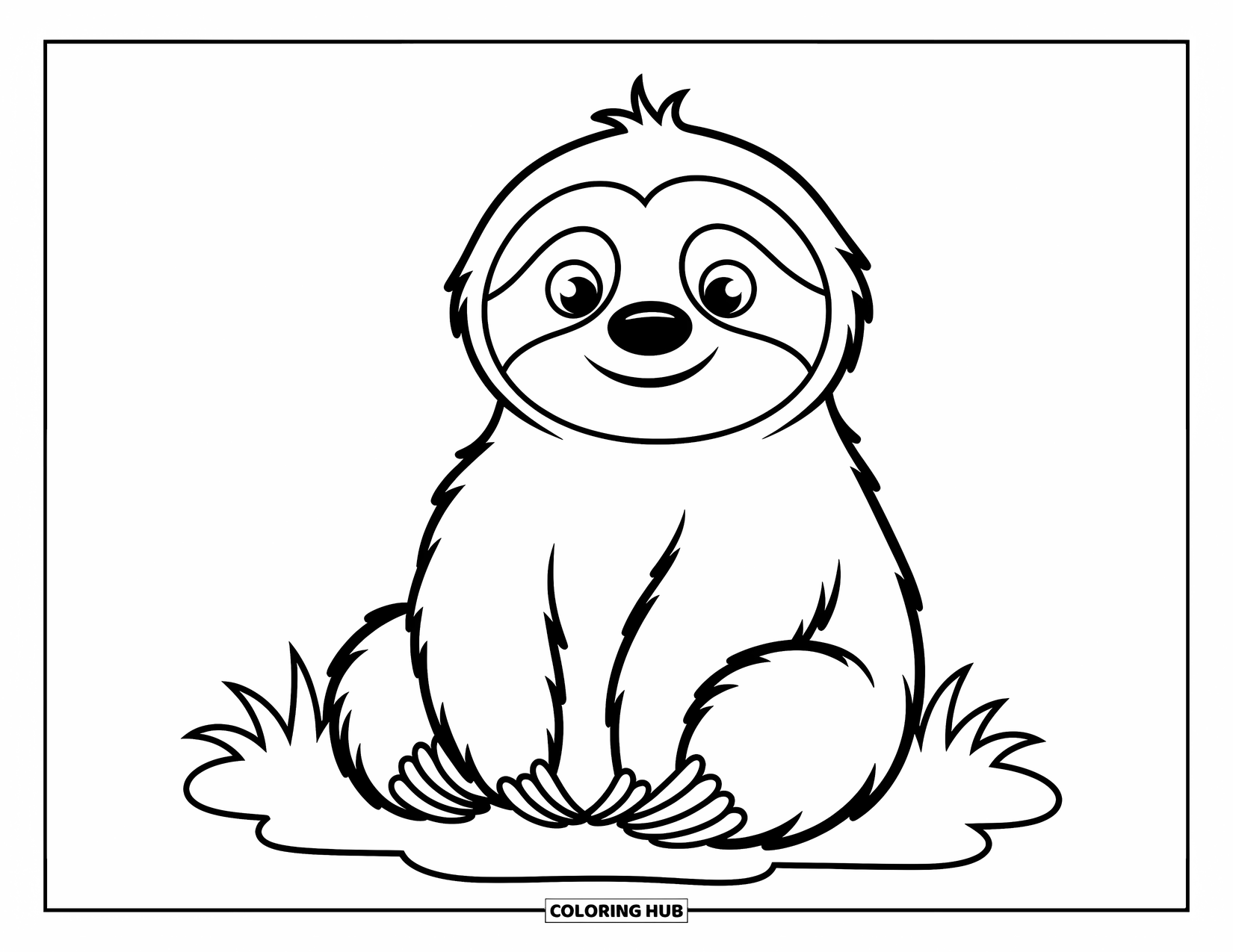Desenho de Bicho-Preguiça para Crianças: Uma bicho-preguiça alegre descansa na grama com olhos grandes e um sorriso