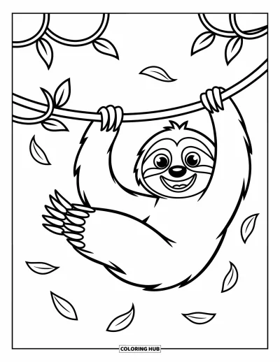 Coloriage de paresseux pour enfants : Un paresseux plein de joie se balance à des lianes avec des feuilles pendantes pleines de fantaisie