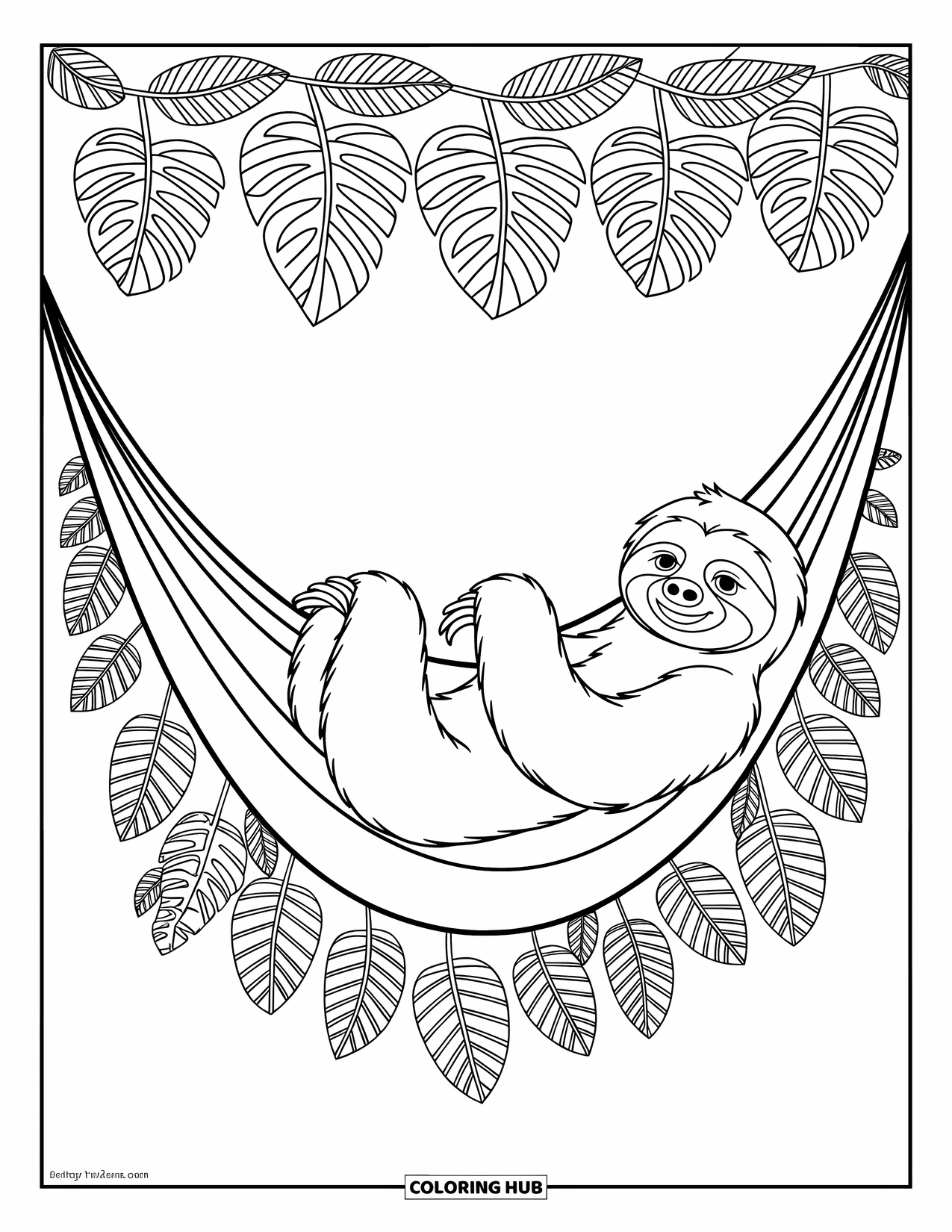 Desenho de Bicho-Preguiça para Crianças: Uma bicho-preguiça preguiçosa deita-se em uma rede com guirlandas decorativas e folhas tropicais esvoaçantes