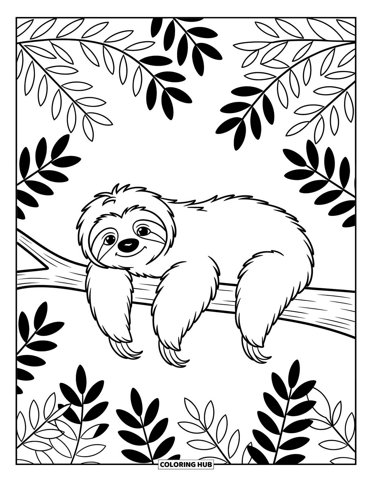Desenho de Bicho-Preguiça para Crianças: Uma bicho-preguiça tranquila deita-se em um galho cercada por folhas rodopiantes e padrões suaves