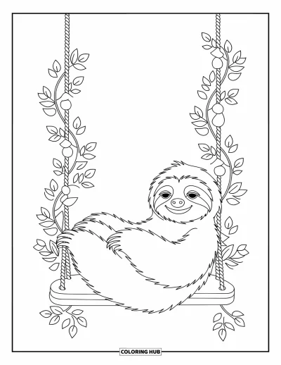 Coloriage de paresseux pour enfants : Un paresseux paisible se repose sur une balançoire d’arbre à motifs, avec des nuages ludiques en arrière-plan