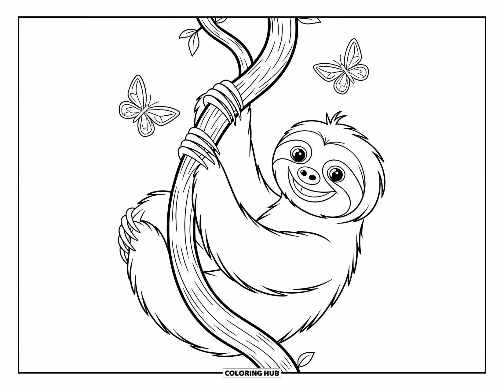 Desenho de Bicho-Preguiça para Crianças: Uma bicho-preguiça brincalhona sobe em uma videira enquanto duas borboletas adicionam um toque extravagante