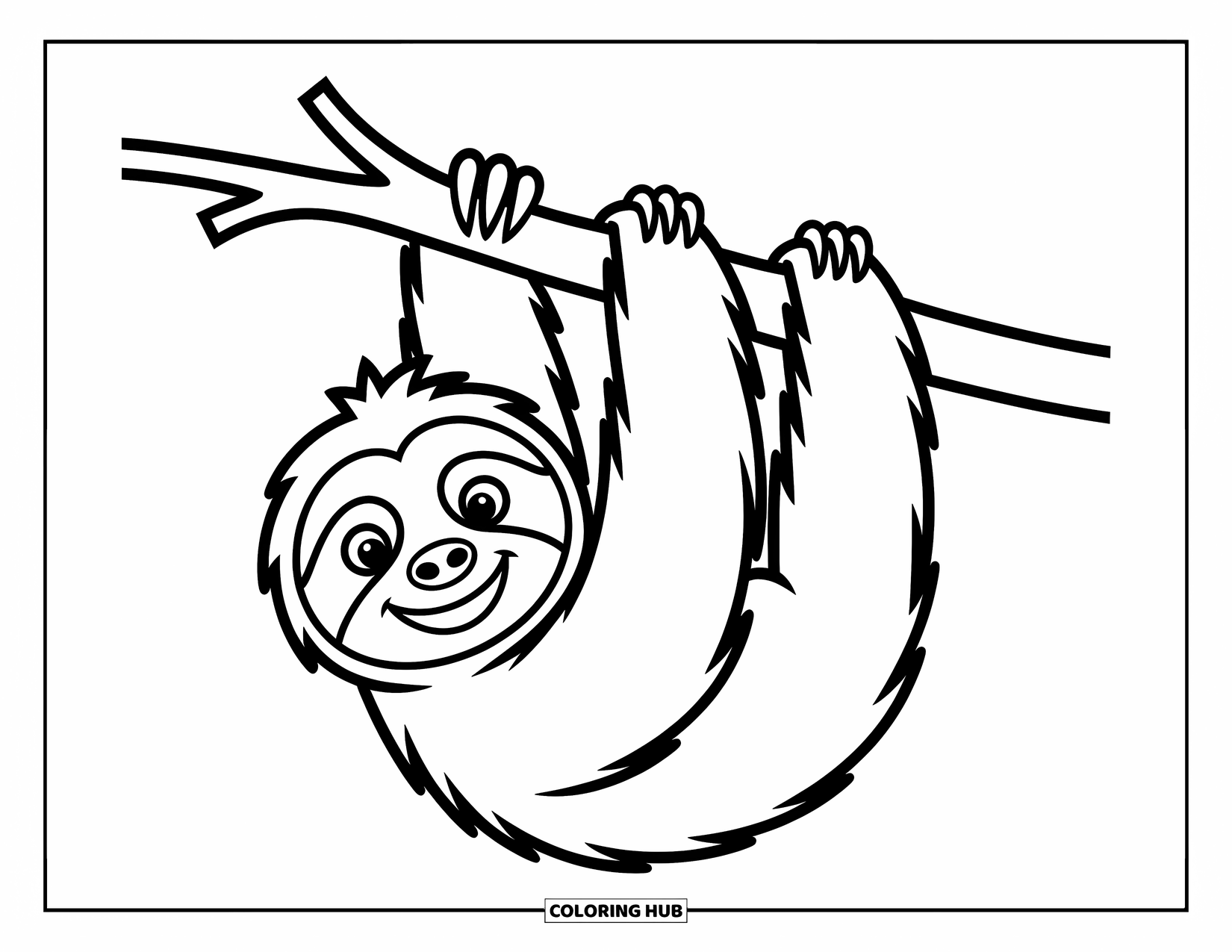 Desenho de Bicho-Preguiça para Crianças: Uma bicho-preguiça brincalhona está pendurada em um galho com um grande sorriso