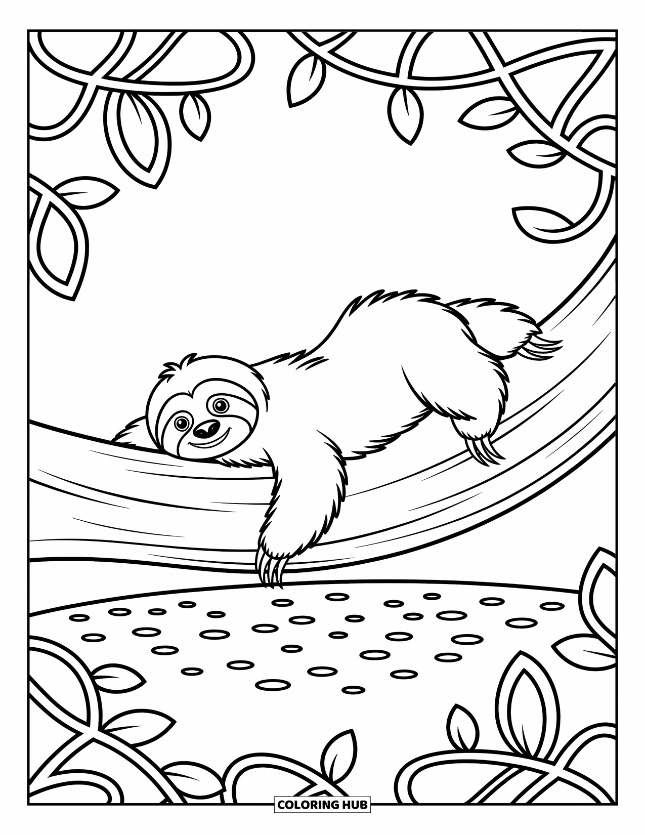 Desenho de Bicho-Preguiça para Crianças: Uma bicho-preguiça brincalhona desliza por um tronco de árvore cercada por vinhas e pedrinhas rodopiantes
