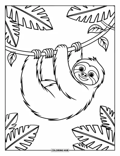Coloriage de paresseux pour enfants : Un paresseux joueur est suspendu à une liane avec de grandes feuilles tropicales en arrière-plan