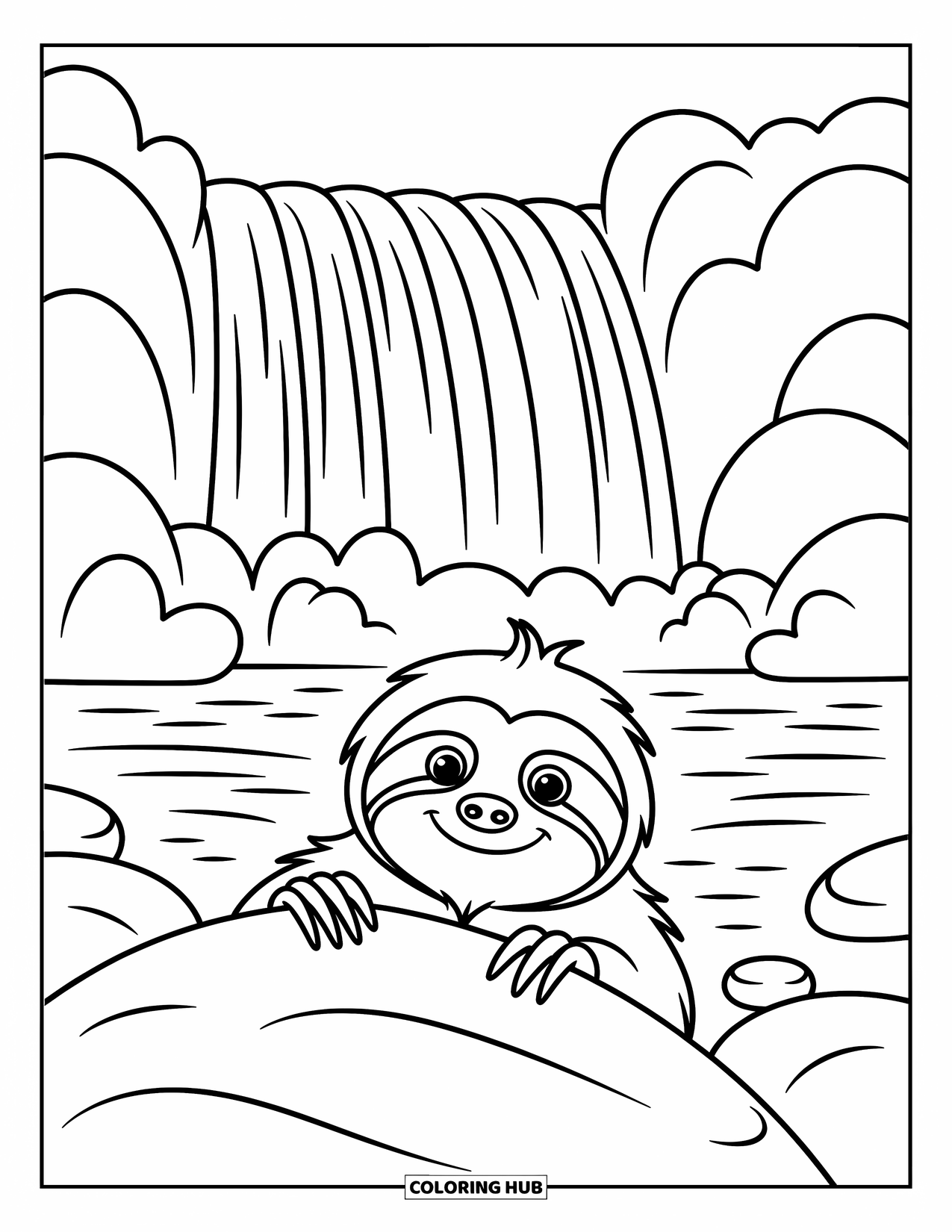 Desenho de Bicho-Preguiça para Crianças: Uma bicho-preguiça brincalhona olha sobre rochas com água corrente adicionando movimento atrás dela