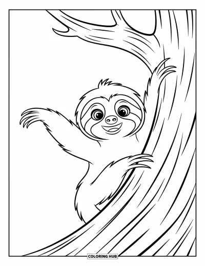 Coloriage de paresseux pour enfants : Un paresseux joueur regarde autour d’un arbre avec les membres étirés