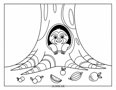 Coloriage de paresseux pour enfants : Un paresseux joueur passe la tête hors d’un tronc, avec des fruits de la jungle en bas