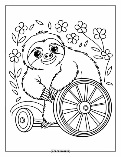 Coloriage de paresseux pour enfants : Un paresseux joueur pousse une grande roue à motifs entourée de feuilles et de fleurs simples