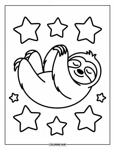 Coloriage de paresseux pour enfants : Un paresseux joueur se repose sur le dos avec de petites étoiles simples autour de lui