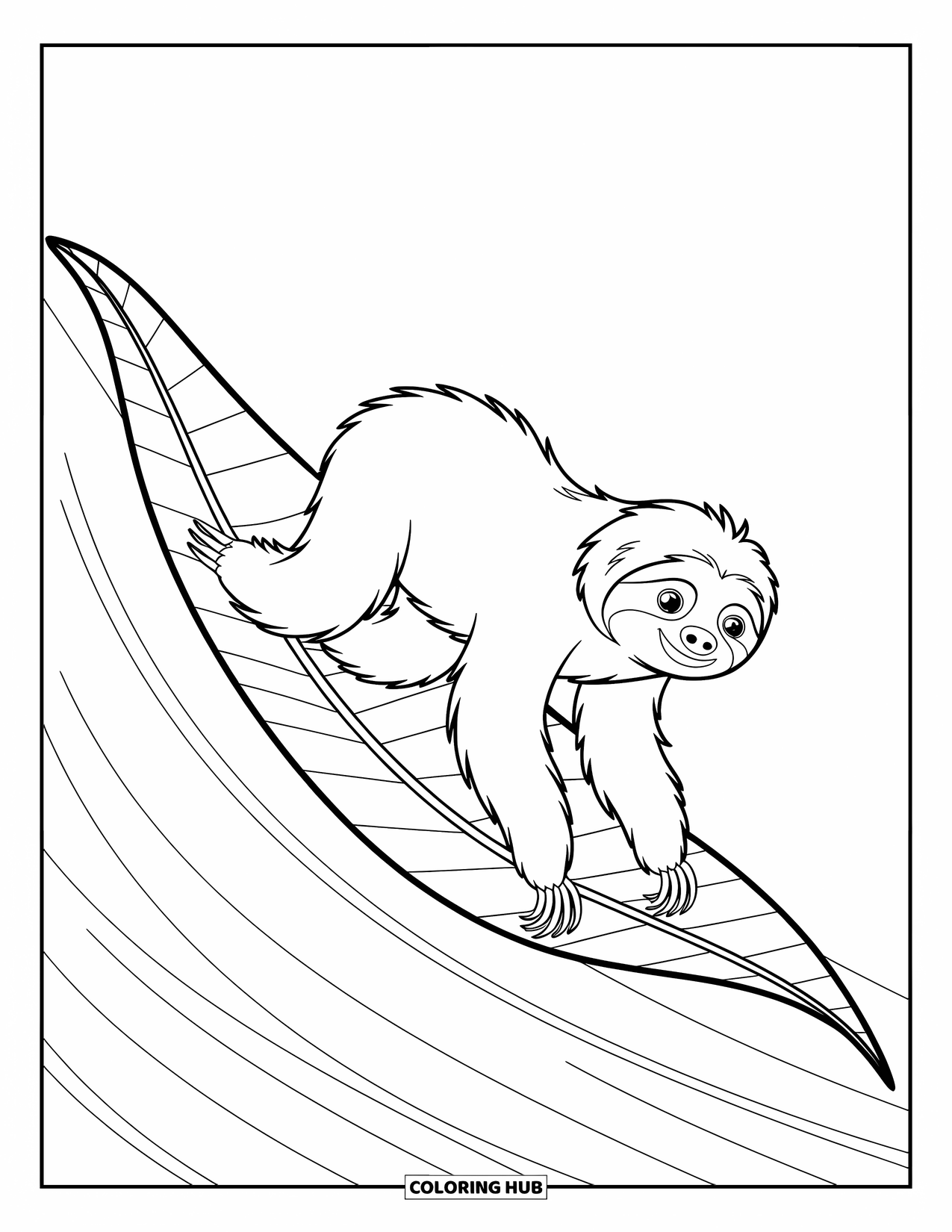 Desenho de Bicho-Preguiça para Crianças: Uma bicho-preguiça brincalhona desce em uma grande folha por uma encosta com padrões dinâmicos ao redor