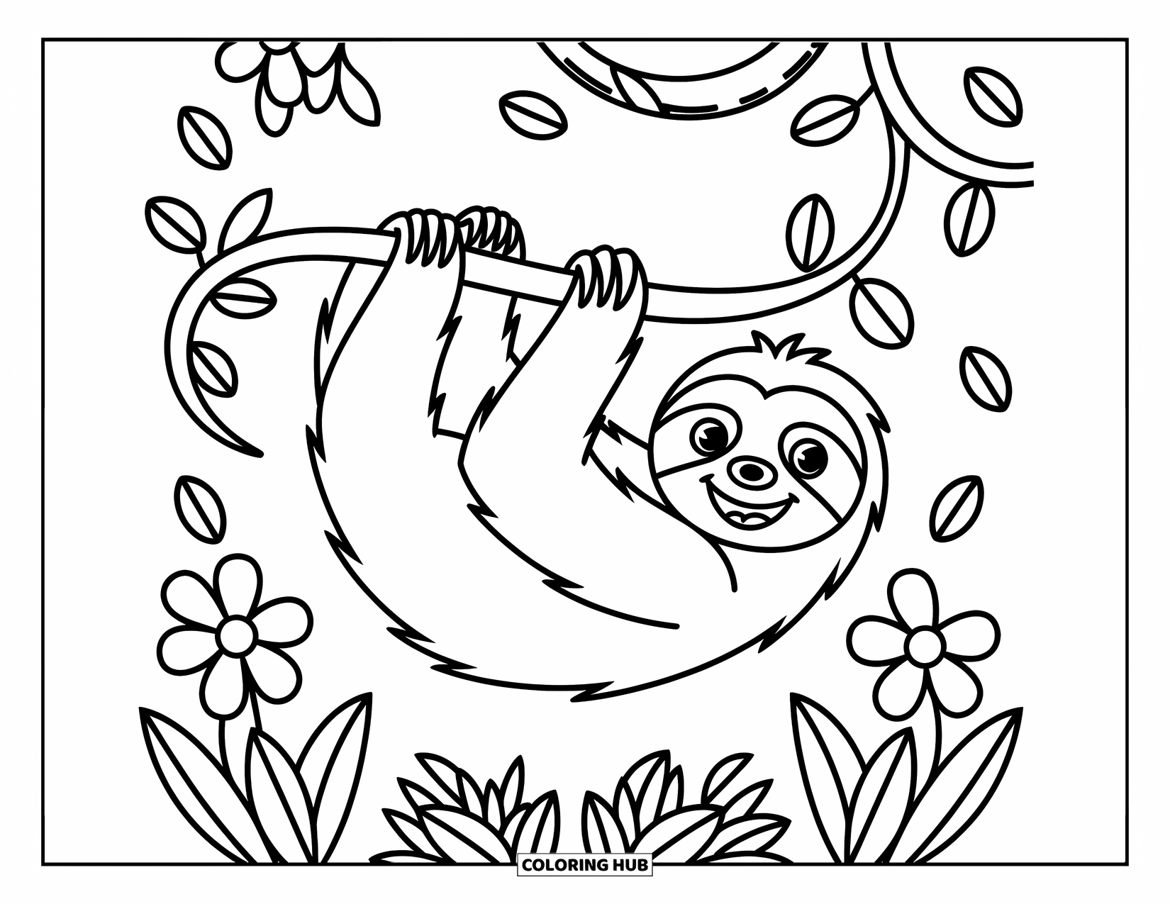 Desenho de Bicho-Preguiça para Crianças: Uma bicho-preguiça brincalhona se estica em uma videira encaracolada com flores tropicais ao redor