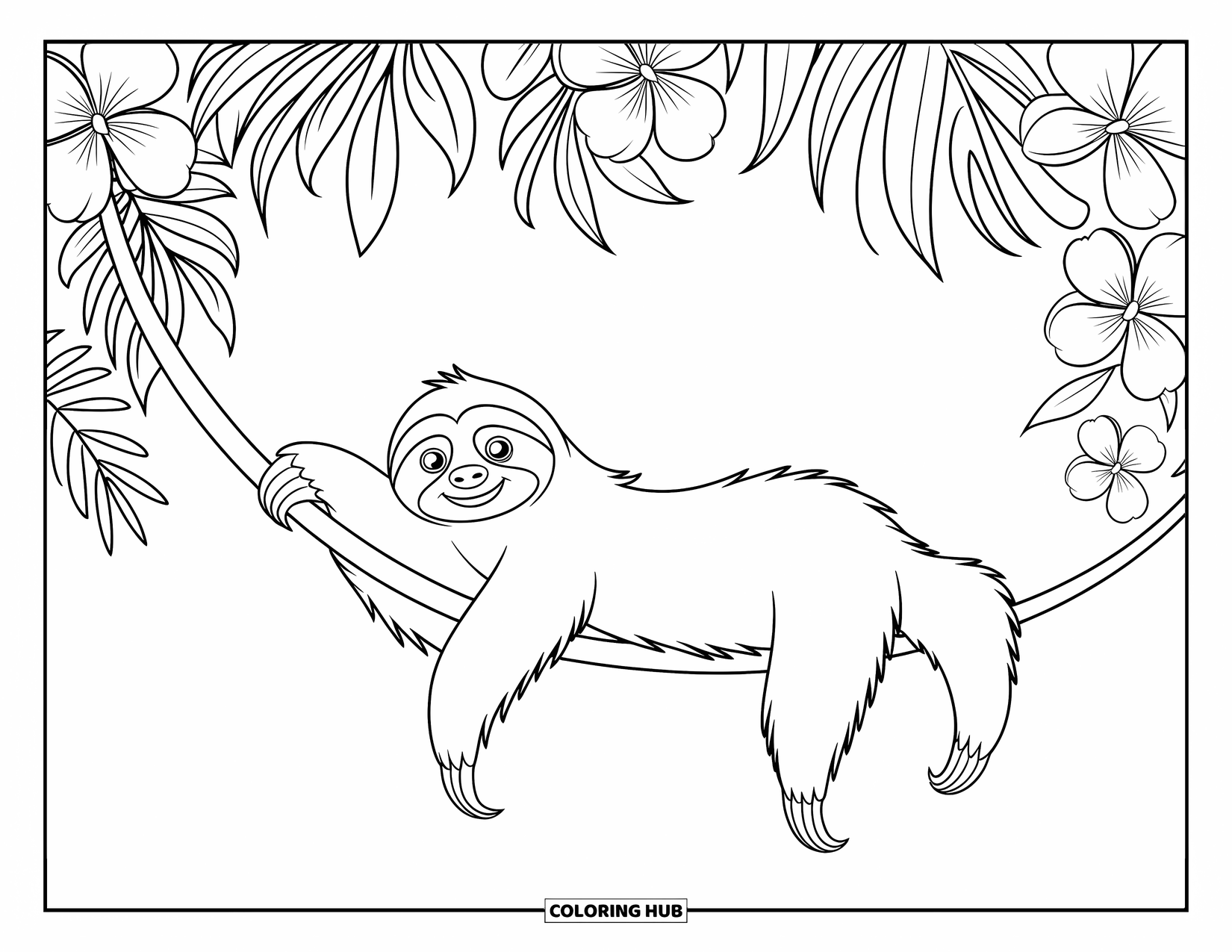 Desenho de Bicho-Preguiça para Crianças: Uma bicho-preguiça brincalhona se estica em uma videira encaracolada com flores tropicais ao redor