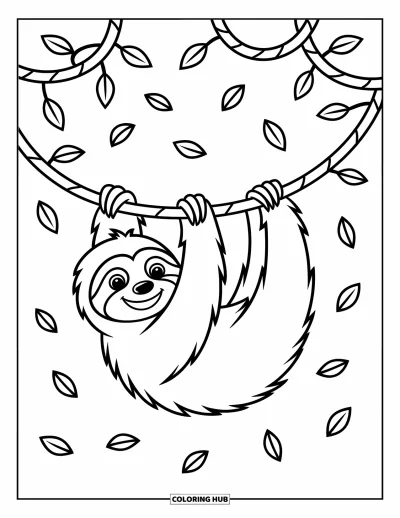 Coloriage de paresseux pour enfants : Un paresseux joueur se balance à des lianes entremêlées avec des feuilles éparpillées en dessous