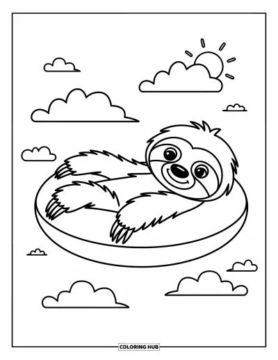 Coloriage de paresseux pour enfants : Un paresseux détendu flotte sur une bouée, avec le soleil qui apparaît derrière les nuages et des oiseaux en vol