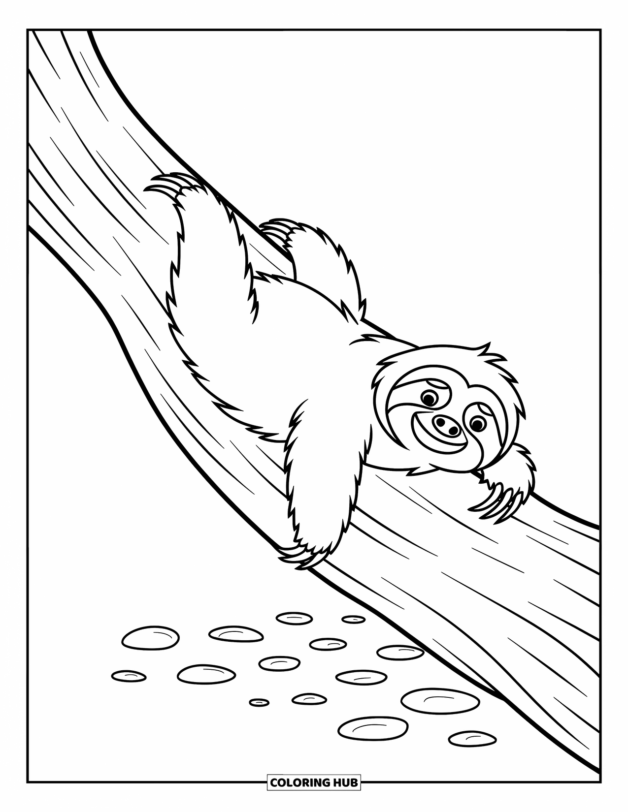 Desenho de Bicho-Preguiça para Crianças: Uma bicho-preguiça relaxada desliza por um tronco de árvore com folhas divertidas e pequenas pedras abaixo