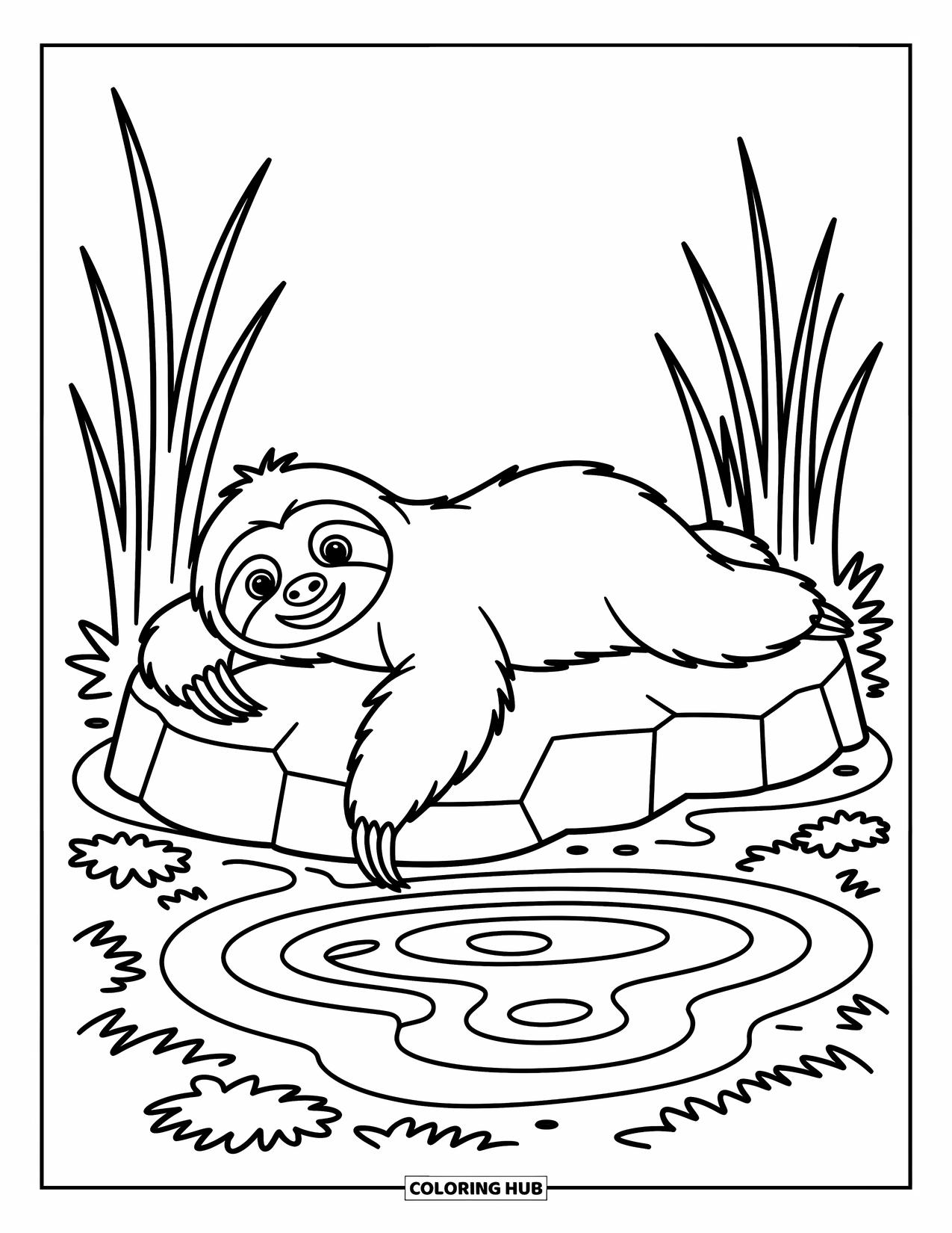 Desenho de Bicho-Preguiça para Crianças: Uma bicho-preguiça relaxada deita-se em uma rocha perto de um lago, cercada por juncos e padrões suaves