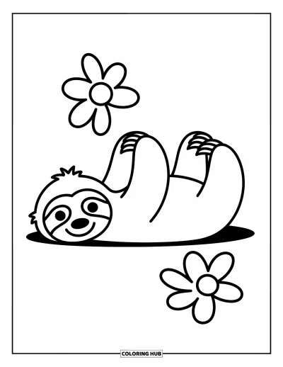 Coloriage de paresseux pour enfants : Un paresseux détendu se repose sur le côté à côté d’une fleur