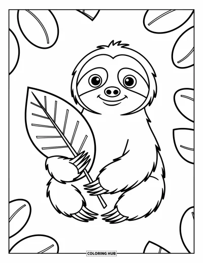 Coloriage de paresseux pour enfants : Un paresseux assis tient une grande feuille avec un doux sourire