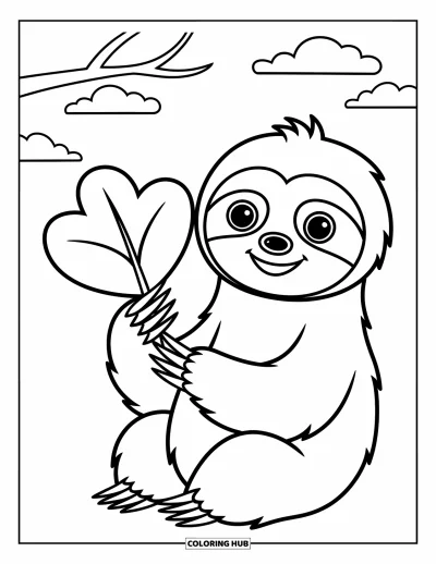 Coloriage de paresseux pour enfants : Un paresseux assis tient une grande feuille avec un visage heureux et amical