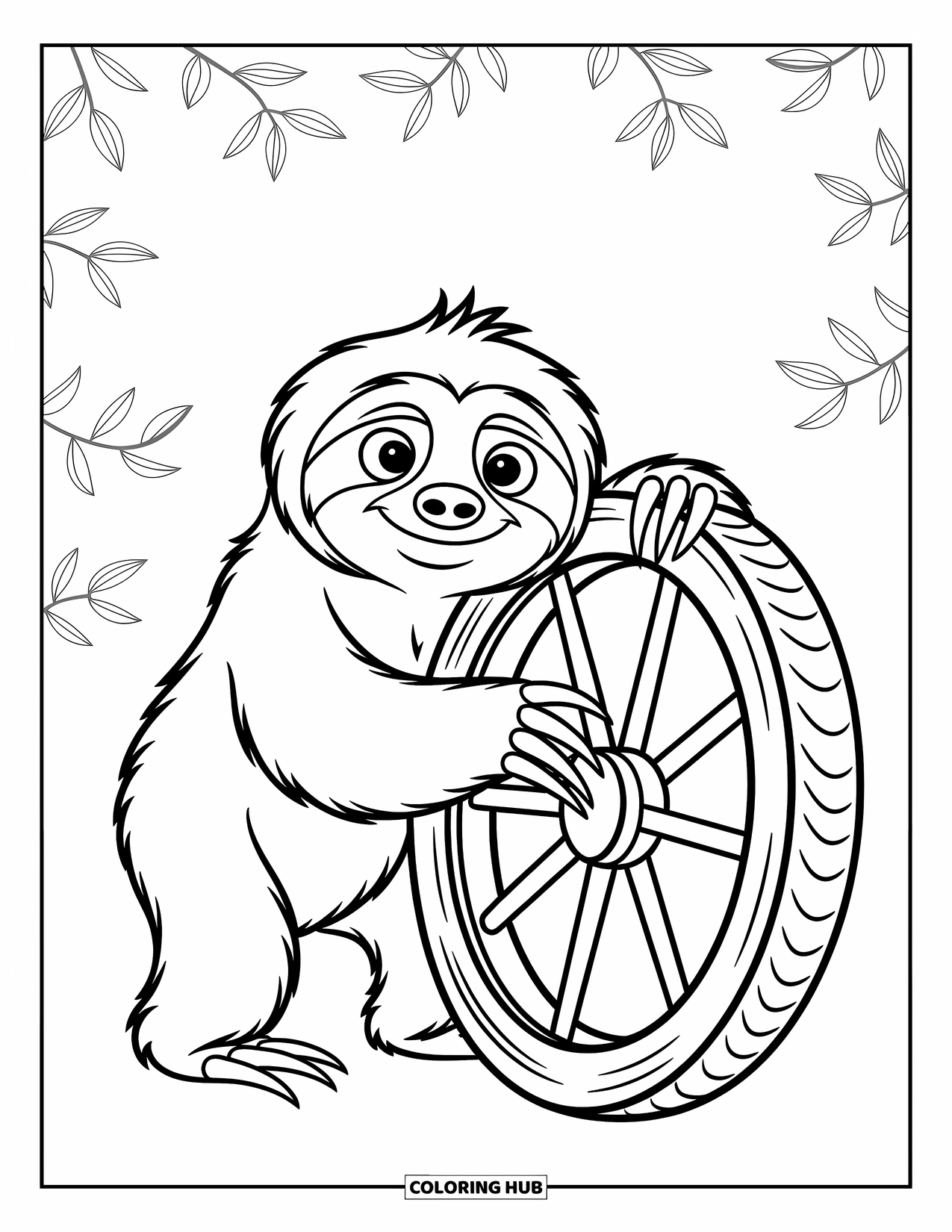 Desenho de Bicho-Preguiça para Crianças: Uma bicho-preguiça empurra cuidadosamente uma grande roda com padrões esculpidos e nuvens flutuantes por perto