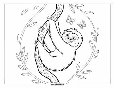 Coloriage de paresseux pour enfants : Un paresseux grimpe une liane torsadée avec deux papillons qui voletent à côté