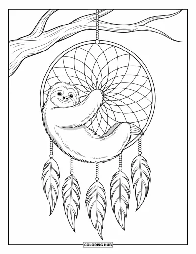 Coloriage de paresseux pour enfants : Un paresseux s’accroche à un grand attrape-rêves avec des motifs ondulants et des fils délicats