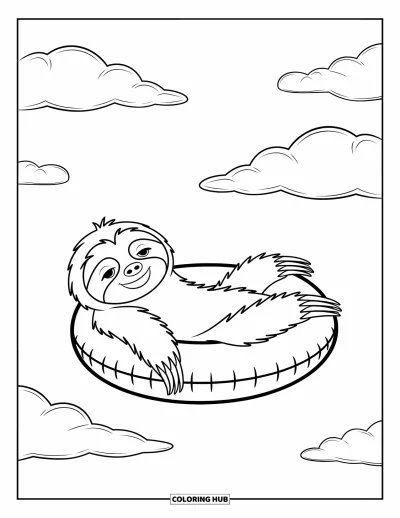 Coloriage de paresseux pour enfants : Un paresseux flotte sur une bouée gonflable avec de gros nuages dérivant au-dessus
