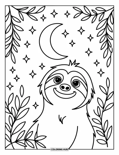 Coloriage de paresseux pour enfants : Un paresseux lève les yeux vers un croissant de lune, avec des étoiles et des branches feuillues autour