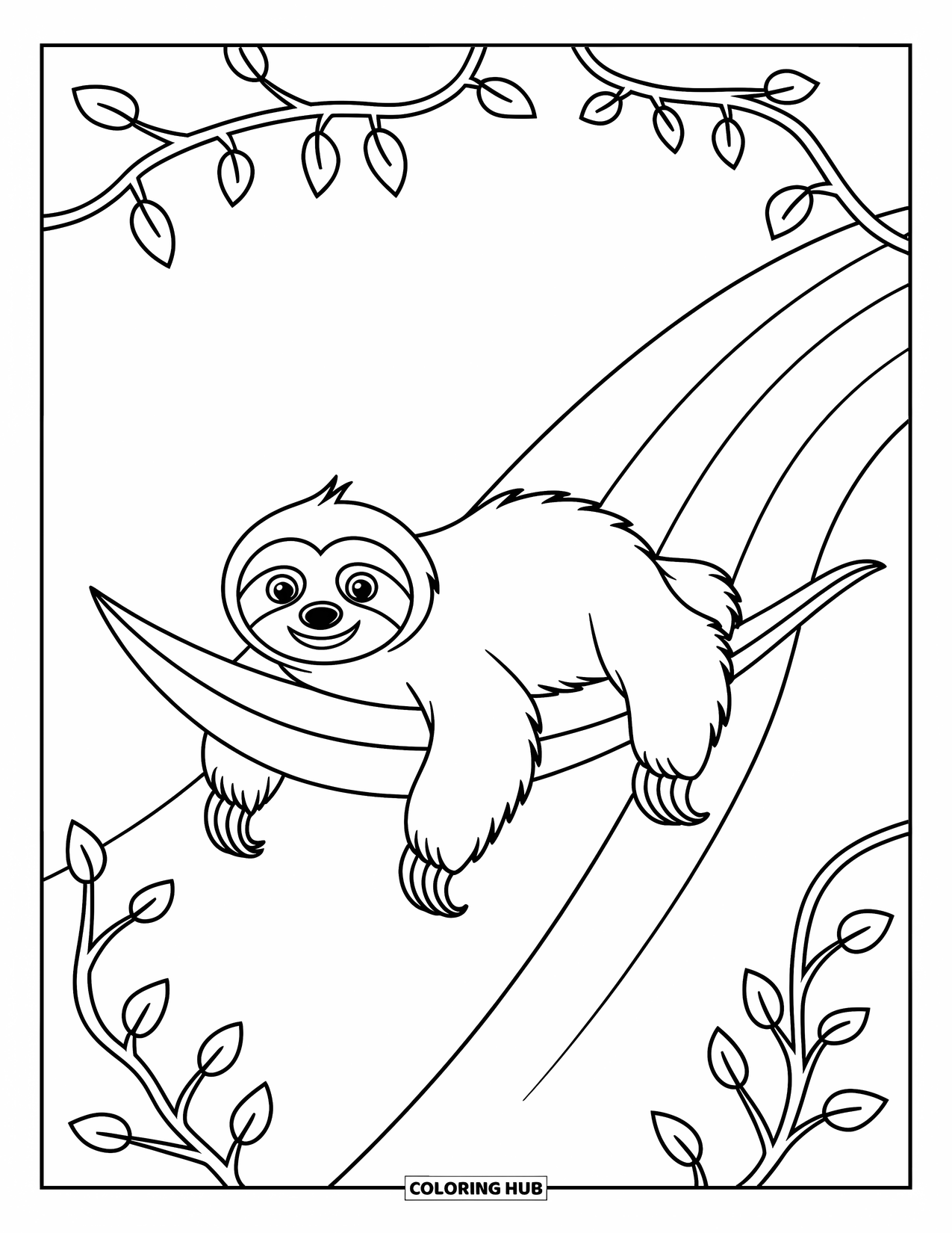 Desenho de Bicho-Preguiça para Crianças: Uma bicho-preguiça desliza por uma encosta em uma grande folha cercada por vinhas e folhas rodopiantes