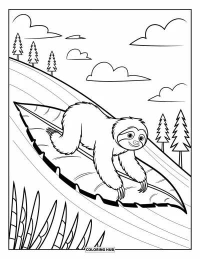 Coloriage de paresseux pour enfants : Un paresseux glisse sur une grande feuille, avec des arbres et des nuages qui donnent du mouvement à la scène