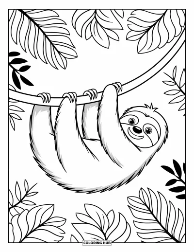 Coloriage de paresseux pour enfants : Un paresseux est suspendu à une liane torsadée entourée de grandes feuilles tropicales