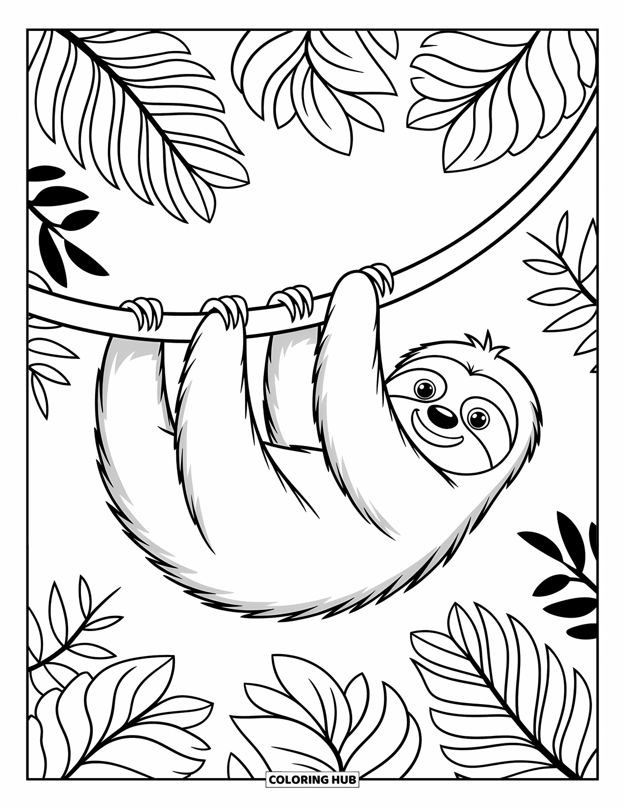 Desenho de Bicho-Preguiça para Crianças: Uma bicho-preguiça está pendurada em uma videira retorcida cercada por exuberantes folhas tropicais