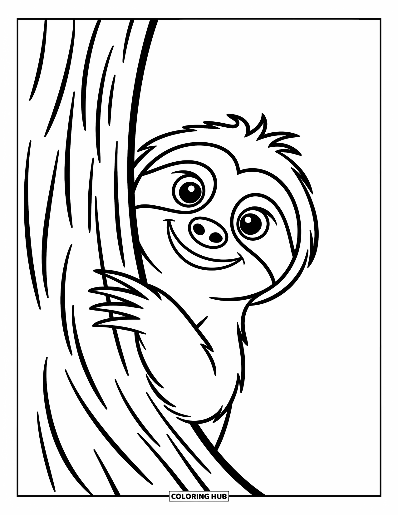 Desenho de Bicho-Preguiça para Crianças: Uma bicho-preguiça se esconde atrás de um tronco de árvore com olhos arregalados e curiosos