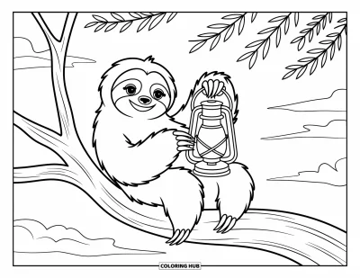 Coloriage de paresseux pour enfants : Un paresseux tient une lanterne en étant perché sur une branche, avec des feuilles qui se balancent