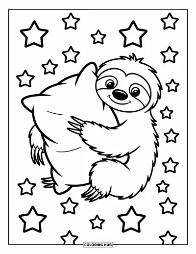 Coloriage de paresseux pour enfants : Un paresseux serre un grand coussin avec des formes d’étoiles dispersées autour
