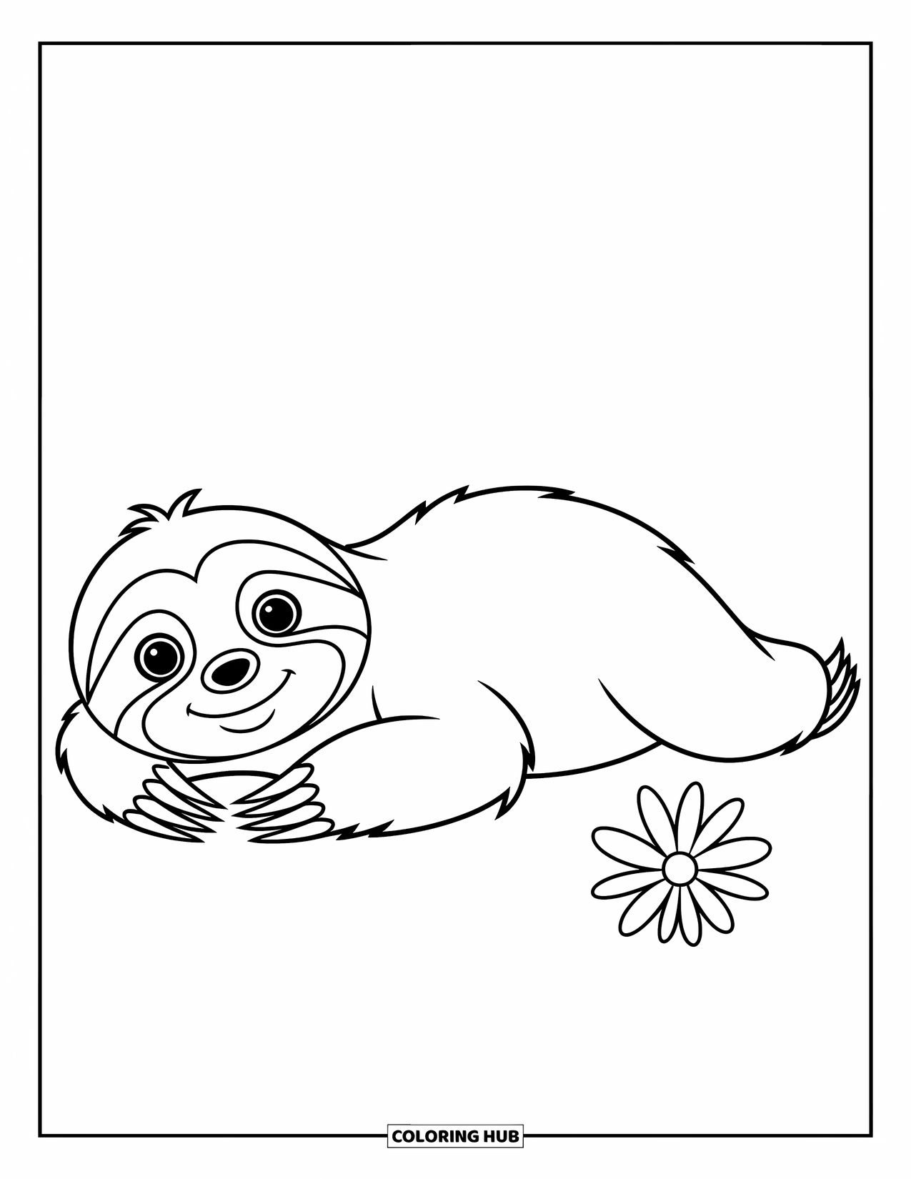 Desenho de Bicho-Preguiça para Crianças: Uma bicho-preguiça deita-se de lado com uma pequena flor por perto