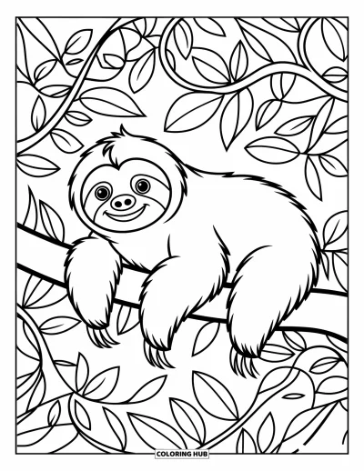 Coloriage de paresseux pour enfants : Un paresseux se prélasse sur une branche tandis que des feuilles joueuses dansent autour